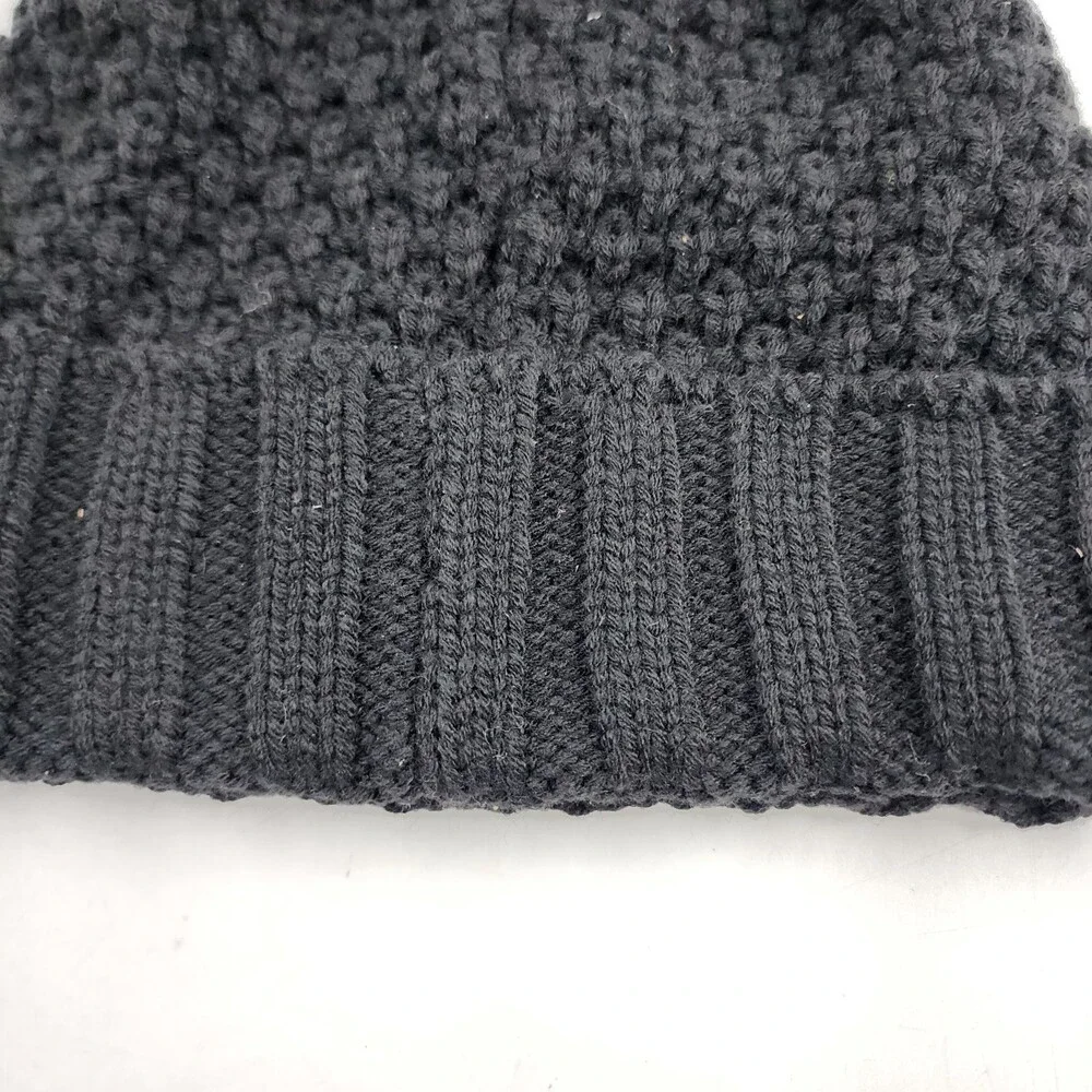 Sun + Stone Textured-Knit Cuffed Pom-Pom Beanie Hat Men's One Size Black